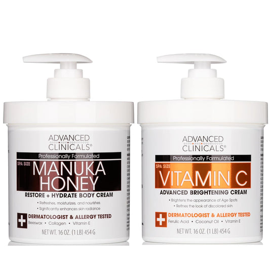 Advanced Clinicals Vitamin C Brightening Cream + Manuka Honey Body Lotion & Face Moisturizer 2pc Skincare Set For Women & Men | Body Butter Creams Help Reduce Appearance Of Dark Spots & Dry Skin, 2pc