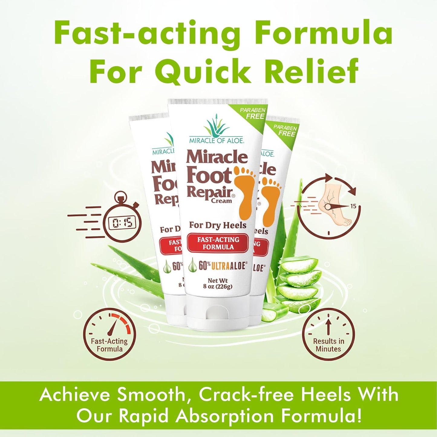Miracle Foot Repair Cream (8 oz / 3-Pack) Repairs Dry Cracked Heels and Feet, 60% Pure UltraAloe Moisturizes, Softens, and Repairs
