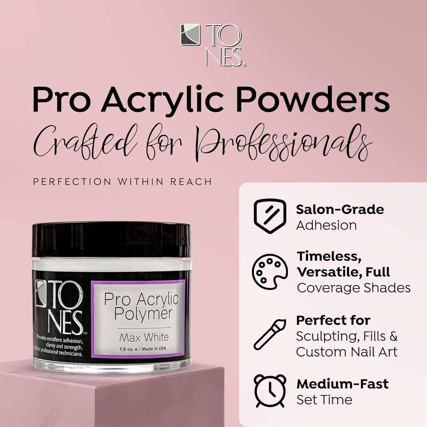 Tones Pro Acrylic Nail Powder, Max White (Creamy, Soft Off-White), (3.5 Fl Oz) - Long-Lasting & Non-Yellowing Polymer for Salon Quality Nail Extensions & 3D Art