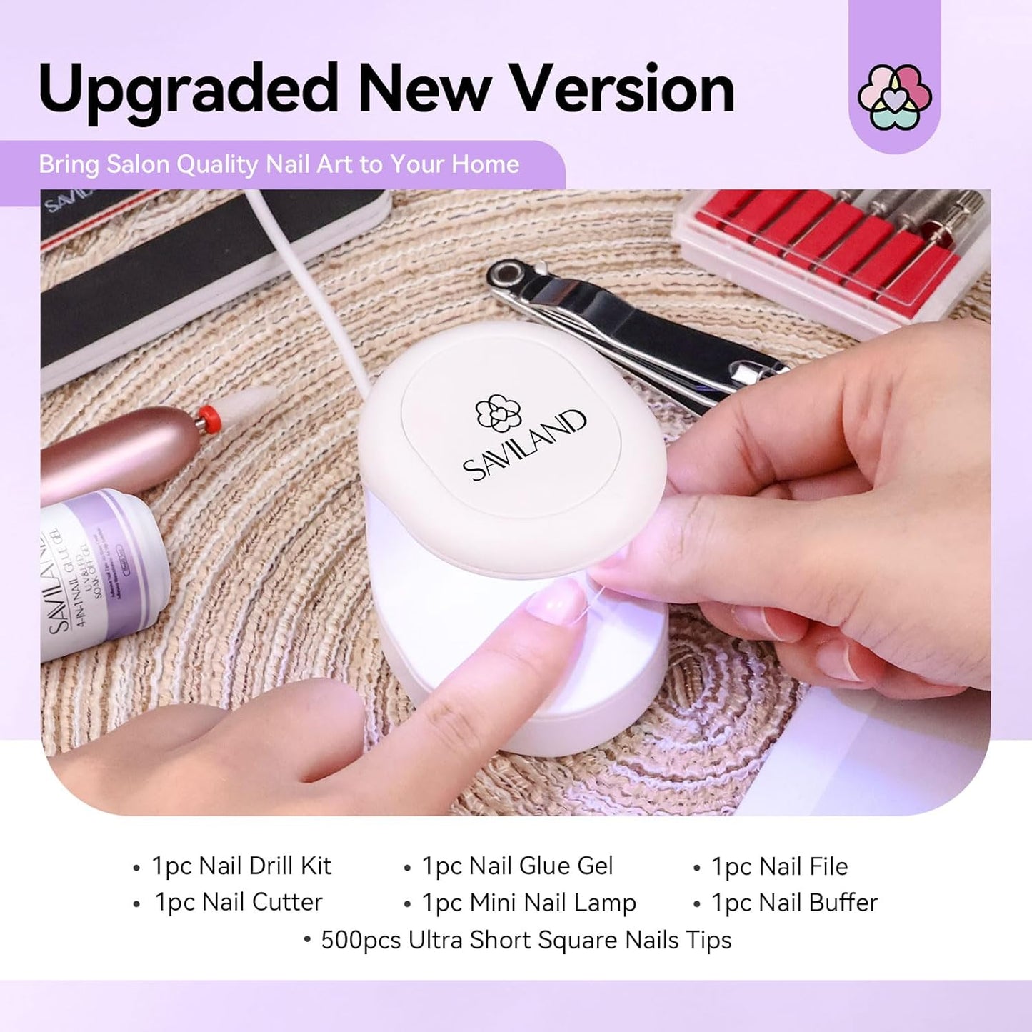 SAVILAND Gel Nail X Kit Short Square - Nail Drill Kit 500 PCS Natural False Nail Tips For Press On U V Nail Glue with Lamp Manicure Tools for Nail Extension Nail Art For Women At Home Nail Kit DIY