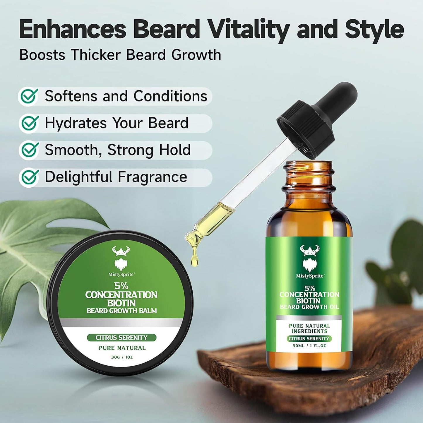 Beard Growth Oil & Beard Balm - Beard Growth Kit with 5% Concentration Biotin for Men, Natural Ingredients with Argan Oil, Jojoba Oil and Vitamin (Citrus Serenity)