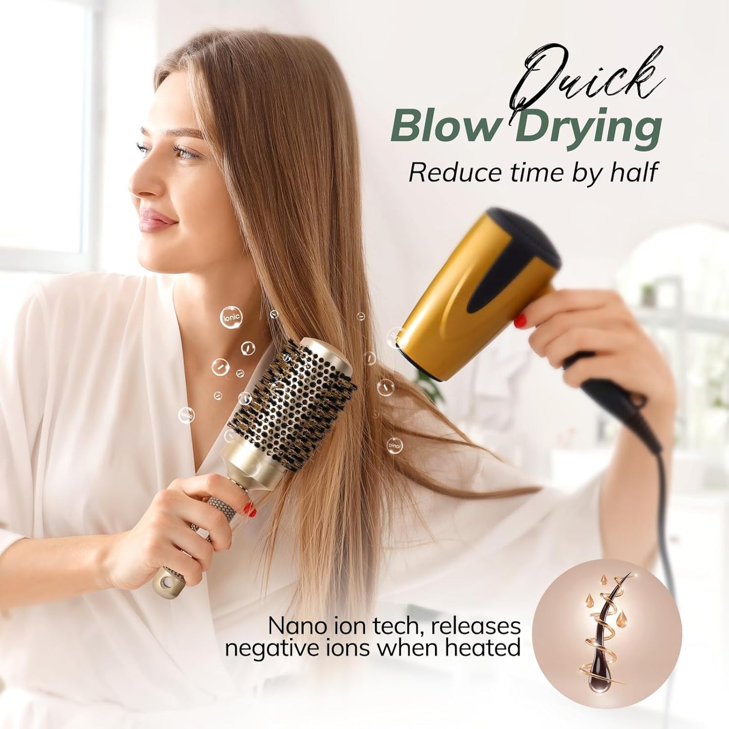 Round Brush for Blow Drying, Nano Thermal Ceramic & Ionic Tech Hair Brush with Boar Bristles, Professional Barrel Brush for Styling,Curling and Straightening by Sndyi (3.3 Inch, 2.1 Inch)