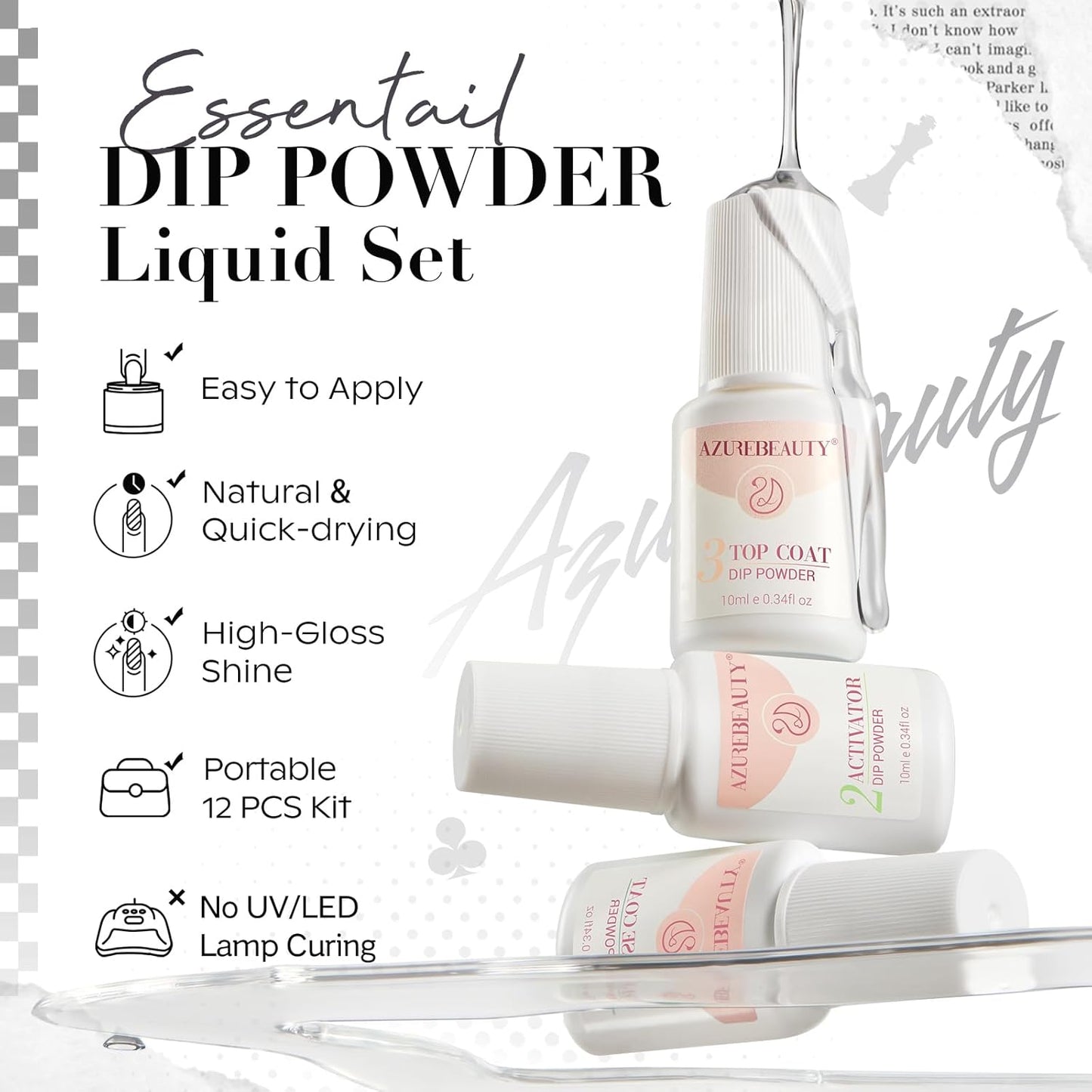 AZUREBEAUTY Dip Powder Nail Kit Starter, Light & Dark Grey Black Glitter Sparkle, 4 Colors Dipping Powder Set All Seasons, French Nail Art Base Top Coat Activator Liquid Manicure DIY Salon 12 PCS