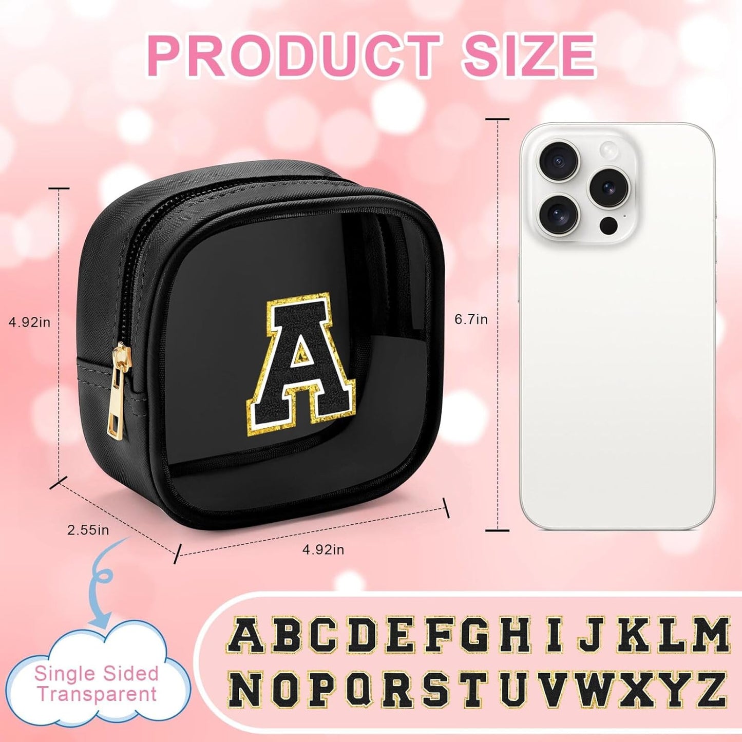 YOOLIFE Initial Makeup Bag Travel Toiletry Bag, Clear Makeup Bag Car Accessories For Women Clear Makeup Bags With Zipper Girlfriend Teacher 13 Year Old Girl Gifts Daughter Girl Gifts Mini Black H