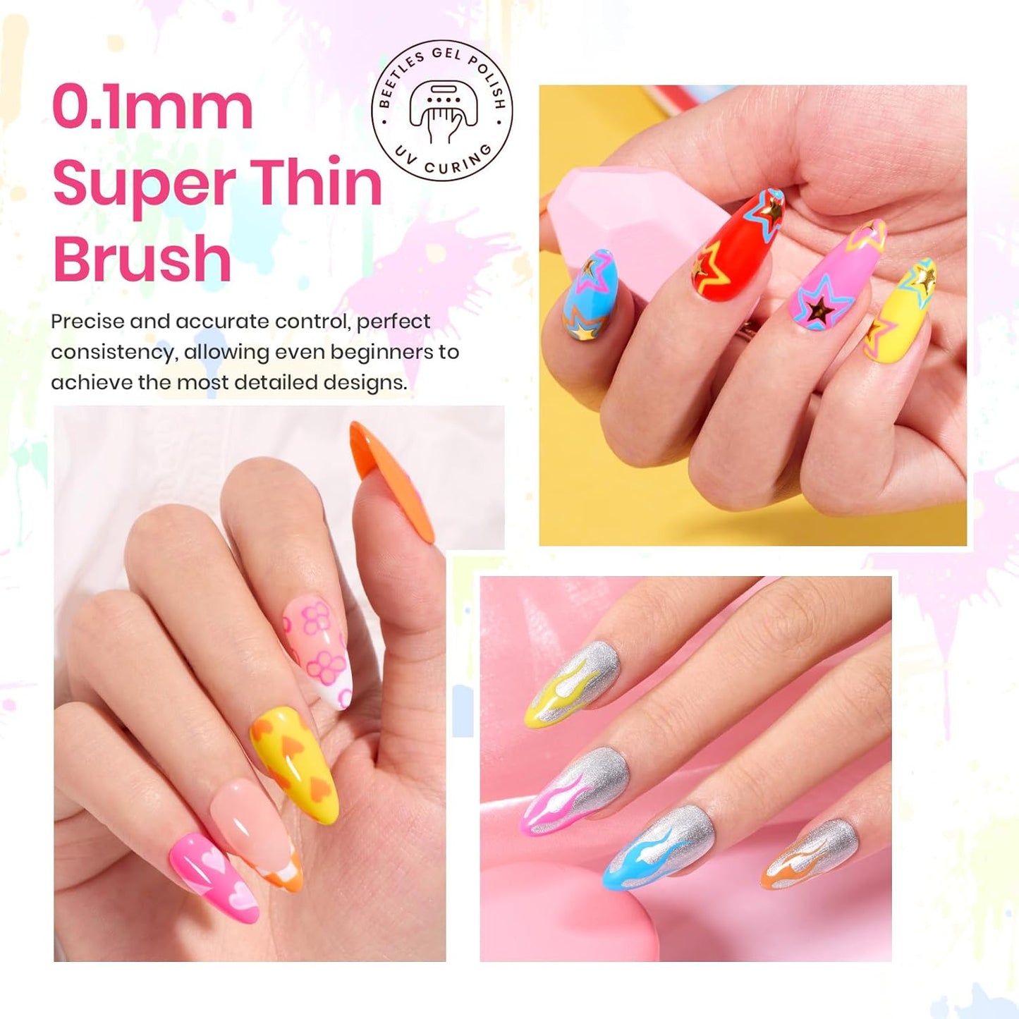 beetles Nail Art Polish Set- 12 Colors 2 IN 1 Gel Nail Polish, Pink Blue Purple Brown Black Gel Liner Polish Soak Off Nail Art Design Set, Nail Brush for Nail Painting for Women