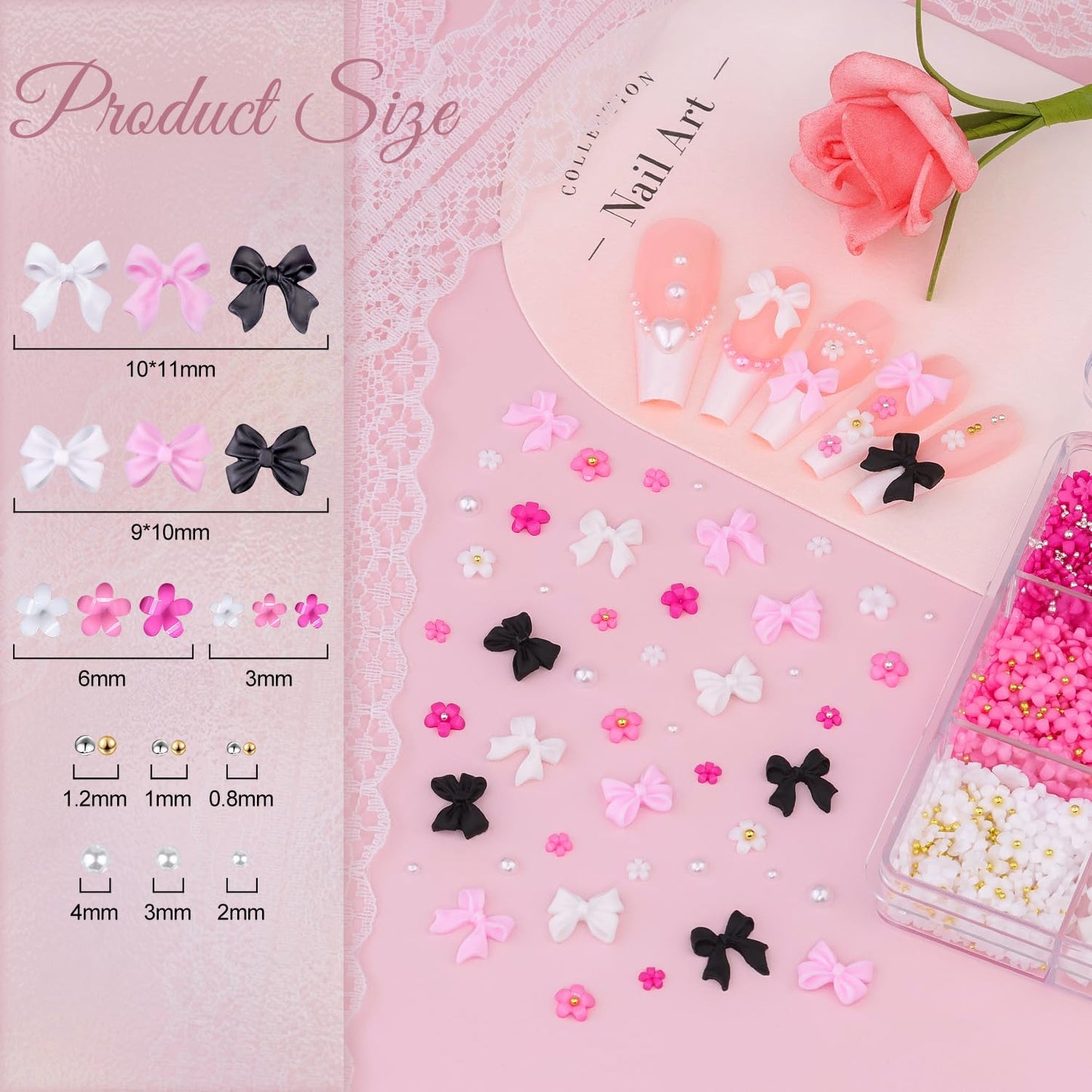 3D Nail Charms and Gems Set 9, 20PCS Chunky Butterfly Charms + 60PCS Coquette Nail Bows in 2 Styles + 3D Flowers for Nails with Rhinestones, Pearls, Diamonds, and Picker Tools for Y2K Nail Decor