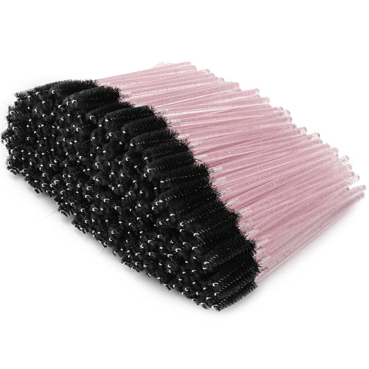 Tbestmax 300 Pcs Disposable Spoolies, Mascara Wand Eyelashes Brushes Applicator for Eyebrow Eye Lash Extension Pink Stick Black Head