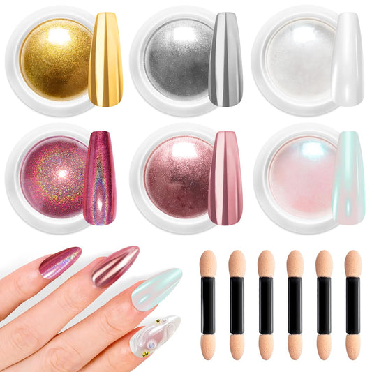 Mermaid Gold Chrome Nail Powder: 6 Colors Mirror Effec Green/Pearl Chrome Nail powder,Magic Mermaid Pink Chrome Nail Powder Pigment for Nail Art Design Home DIY（Laser/Silver）