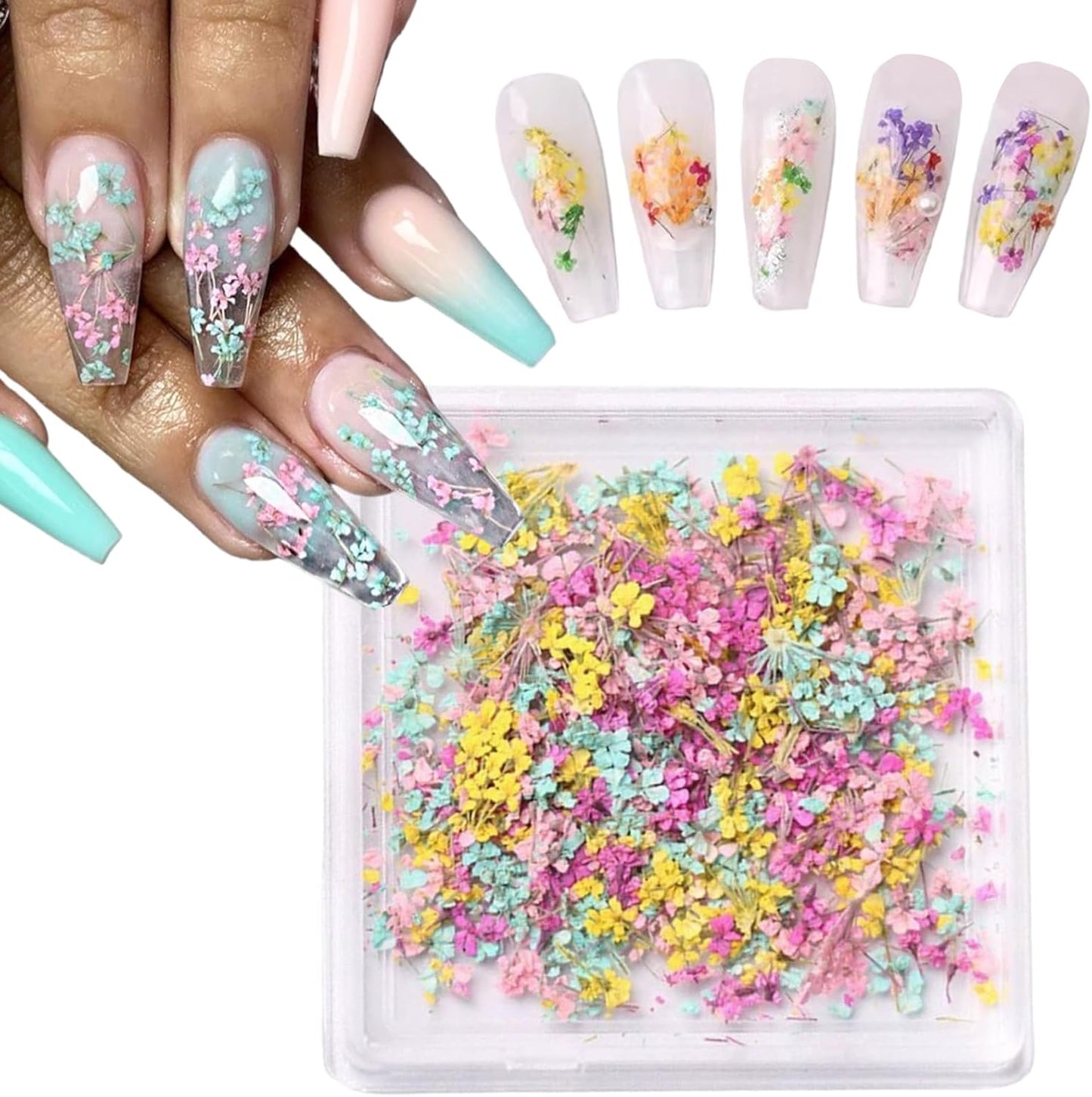 1 Box of Dried Flower Nail Stickers, Colored Dried Flower Nail Stickers, mini Real Flowers, Natural Flowers, 3D Baby's Breath Floral Art, Ladies and Girls DIY Nail Art Decoration