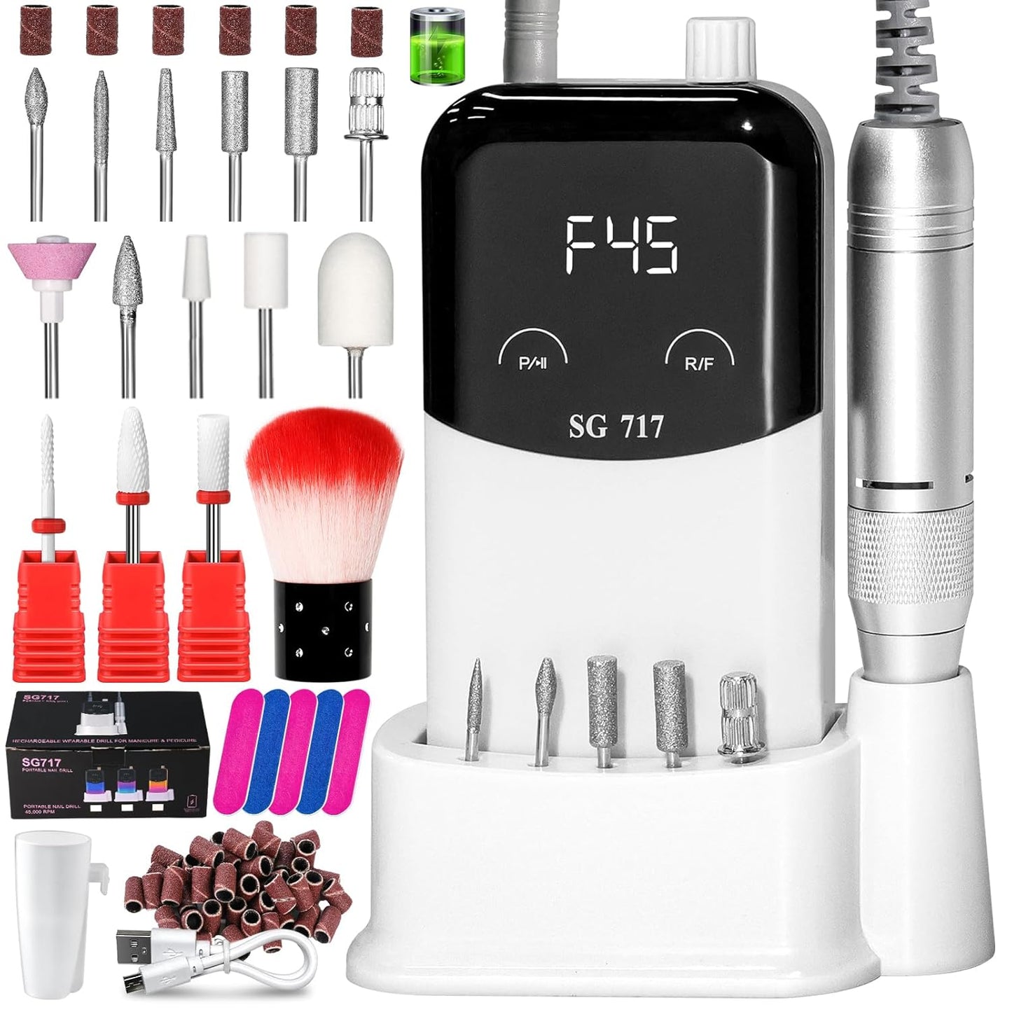 Professional Electric Nail Drill Machine,45000RPM Portable Rechargeable Efile Nail Drill Cordless,Electric Nail File Kit for Women (White)