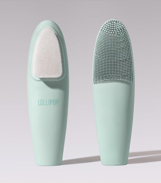 LOLLIPOP Dual-Sided Facial Cleansing Brush | Handle Size Silicone Face Exfoliator and Soft Fiber Cleanser | Manual Face Scrubber for Pores, Makeup Removal, Blackhead and Skincare Routine, Minty
