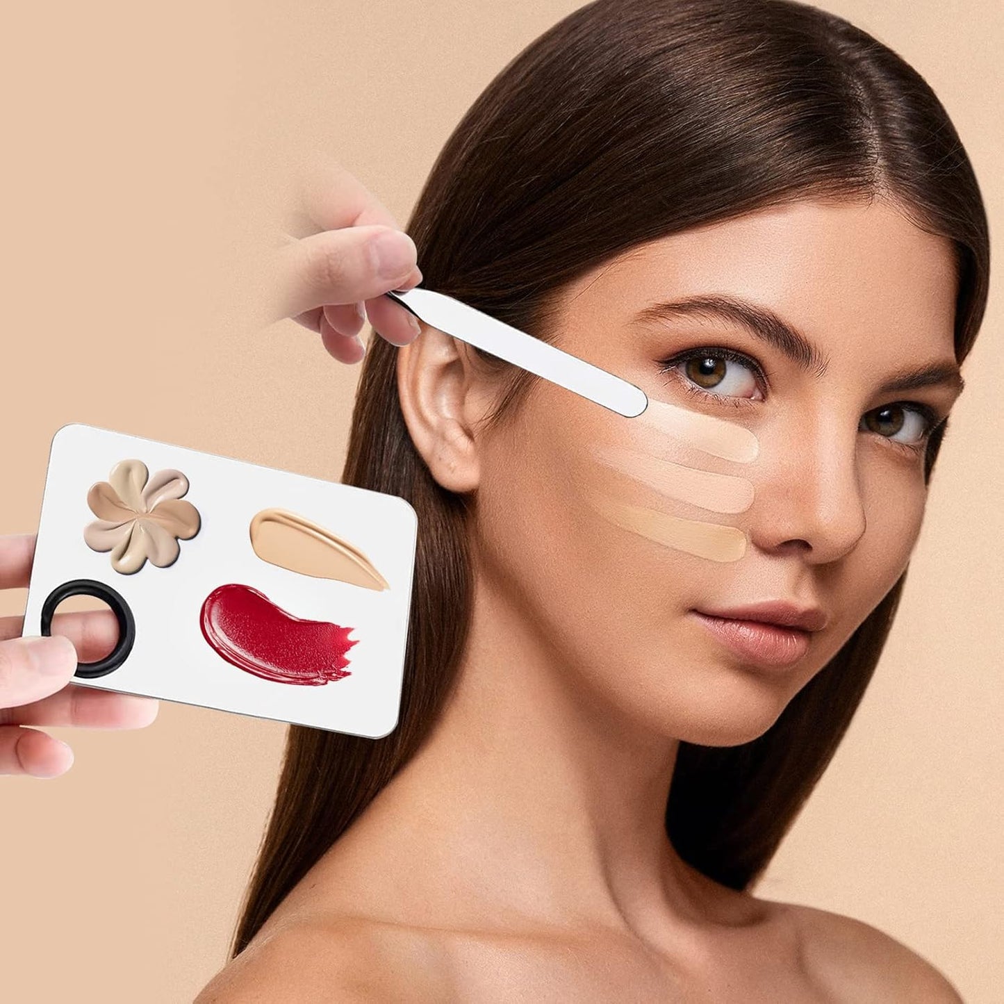 Makeup Spatula,Korean Spatula Makeup Stainless Steel Makeup Spatula and Palette Set,Professional Foundation Spatula Facial Cosmetic Makeup Tool (6 Powder Puff +1Spatula+1 Rectangle Palette).