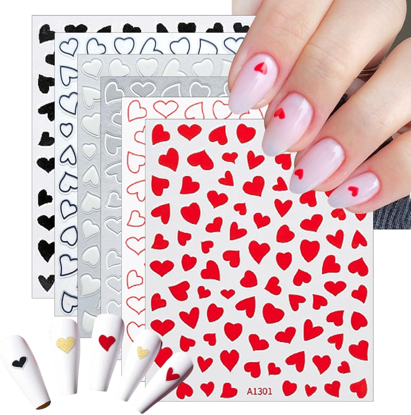 6 Sheets Valentine's Day Heart Nail Art Stickers Decals 3D Self-Adhesive Nail Decals Cute Red and Black Hollow Out Heart Nail Supplies for Women and Girls Valentines DIY Manicure Decorations