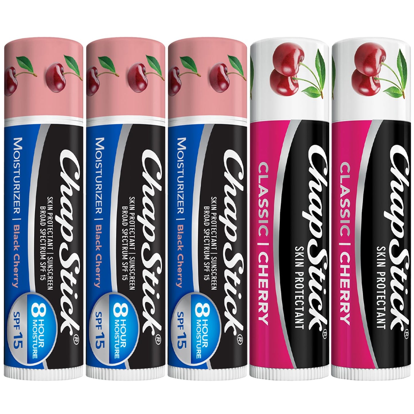 ChapStick Moisturizer 2-in-1 Lipcare SPF 15 Black Cherry 3-Pack + Classic Cherry Lip Balm 2-Pack, 0.15 Oz Ea (5 Piece Set)