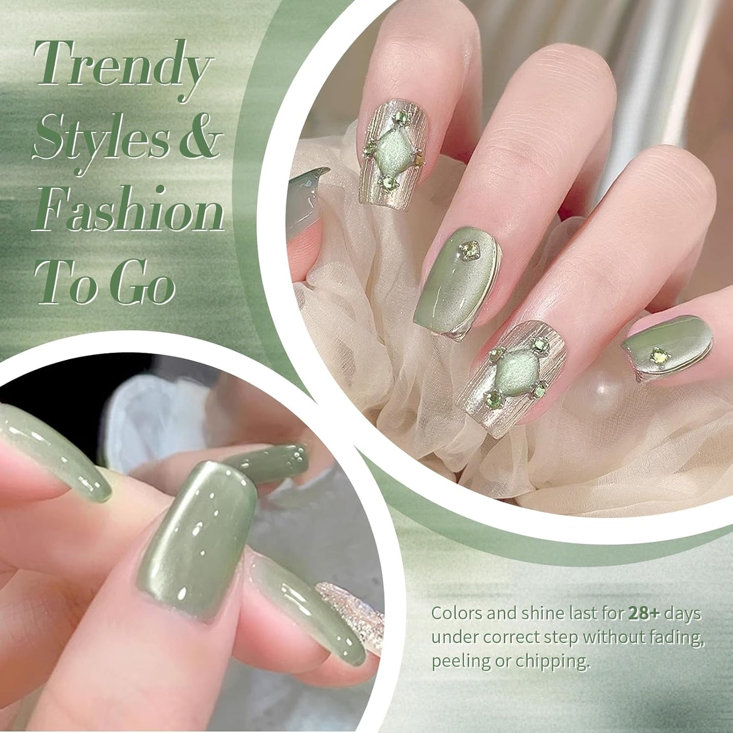 BORN PRETTY Cat Magnetic Eye Gel Nail Polish,Spring Green Jelly Glass Magnetic Gel Polish, Jade Breeze Glitter Soak Off Nail Art Salon Manicure Home Gift 15ml