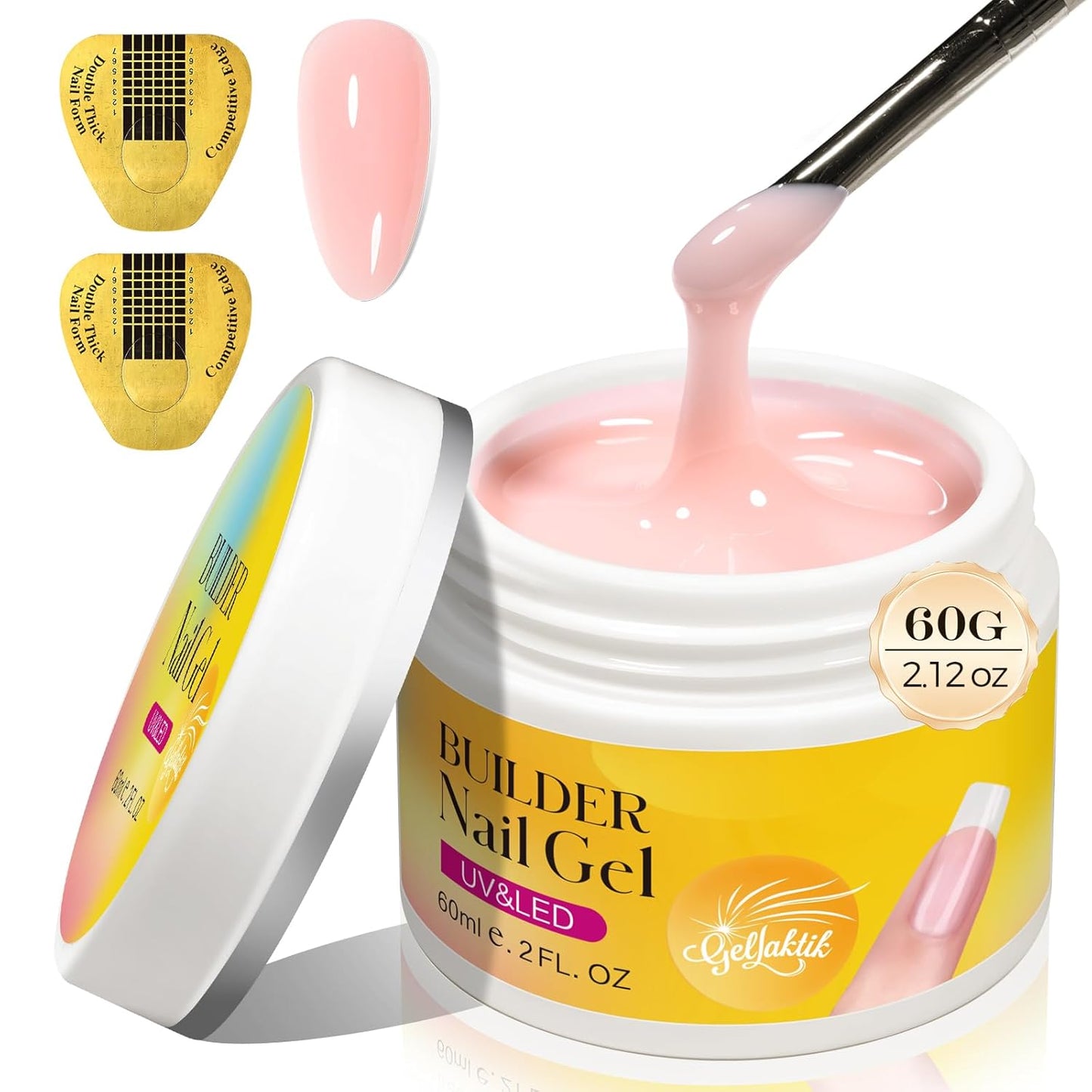 Builder Gel for Nails, 60g Postel Pink Hard Gel for Nail Extension with 10 Nail Forms, Strengthener & Thickening, UV LED Lamp Cured Sculpture, Repair Broken Nails, Salon DIY Manicure Kit