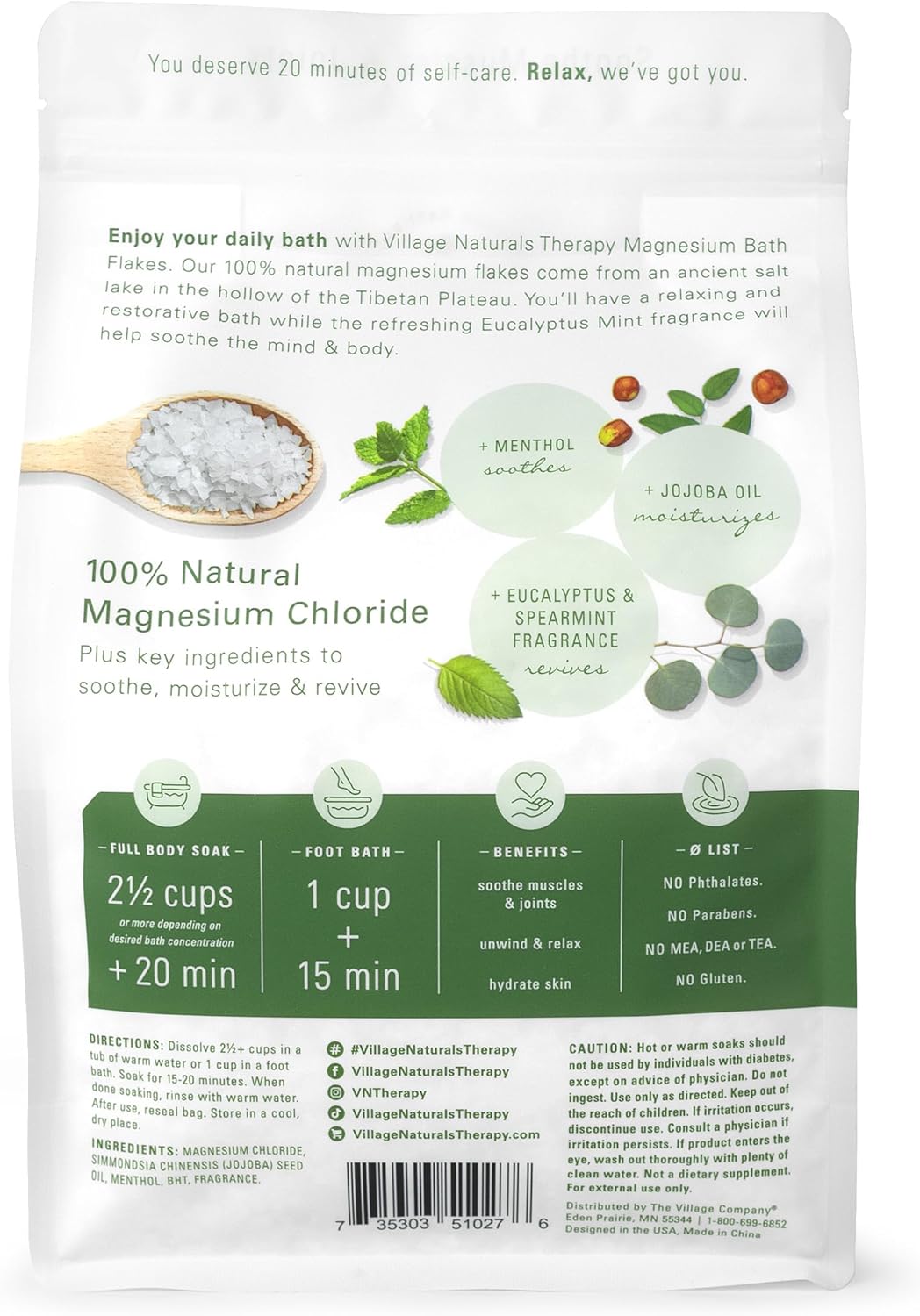 Village Naturals Therapy Muscle Magnesium Bath Flakes, Eucalyptus, Mint & Menthol Scent, 2.5 lbs