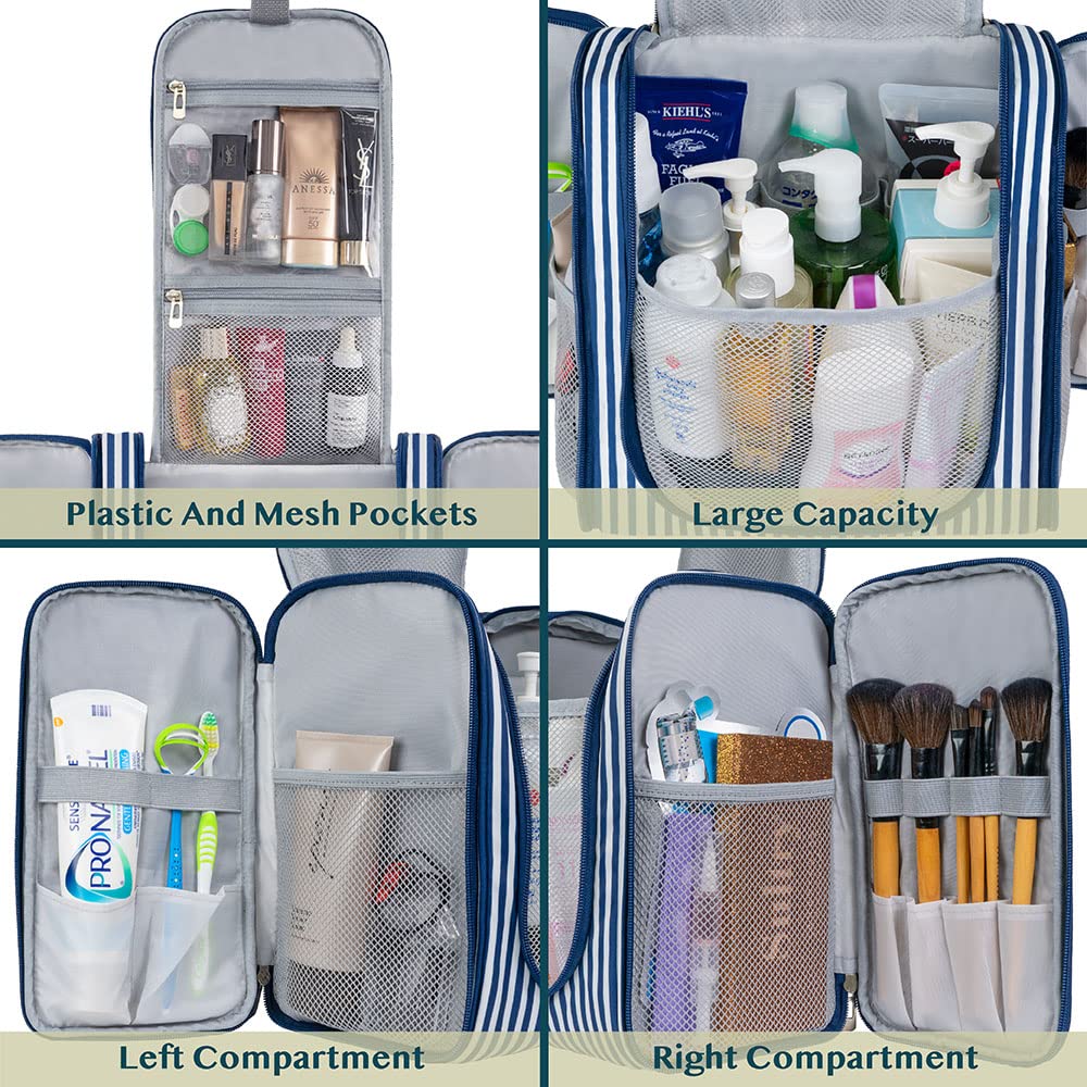 PAVILIA Extra Large Toiletry Bag Travel Bag for Women Men, Hanging Cosmetic Organizer, Water Resistant Makeup Bag for Accessories Toiletries, Travel Essentials Kit (Stripe Navy)