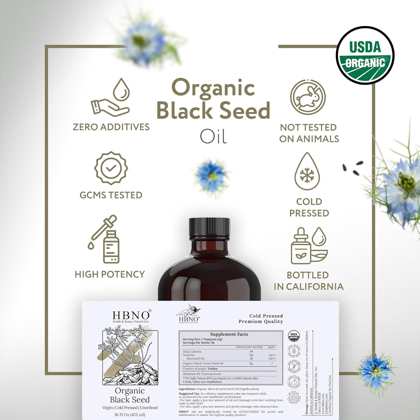 HBNO Organic Black Seed Oil - Huge 16 oz (475ml) Glass Bottle Value Size - USDA Certified Organic Black Seed Oil, Cold Pressed for Face, Body, Lips, Shampoo & Conditioner