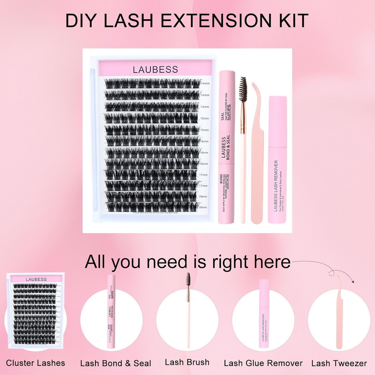 Lash Clusters Kit LAUBESS DIY Lash Extension Kit Lash Bond and Seal Waterproof Lash Glue Remover Tweezers Brush Cluster Eyelash Extensions Kit Eyelash Clusters (Kit 03-D-Mix8-14)