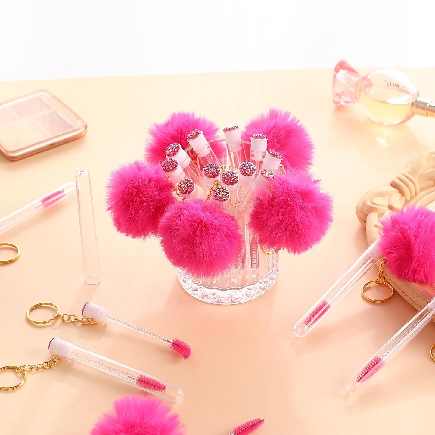 Upgrade 48 Pieces Disposable Mascara Wands Set,Diamond Mascara for Women and Girls- Include 24 Pcs Crystal Lash Spoolies Brush and 24 Pcs Reusable Keychain Empty Eyelash Brush Tubes