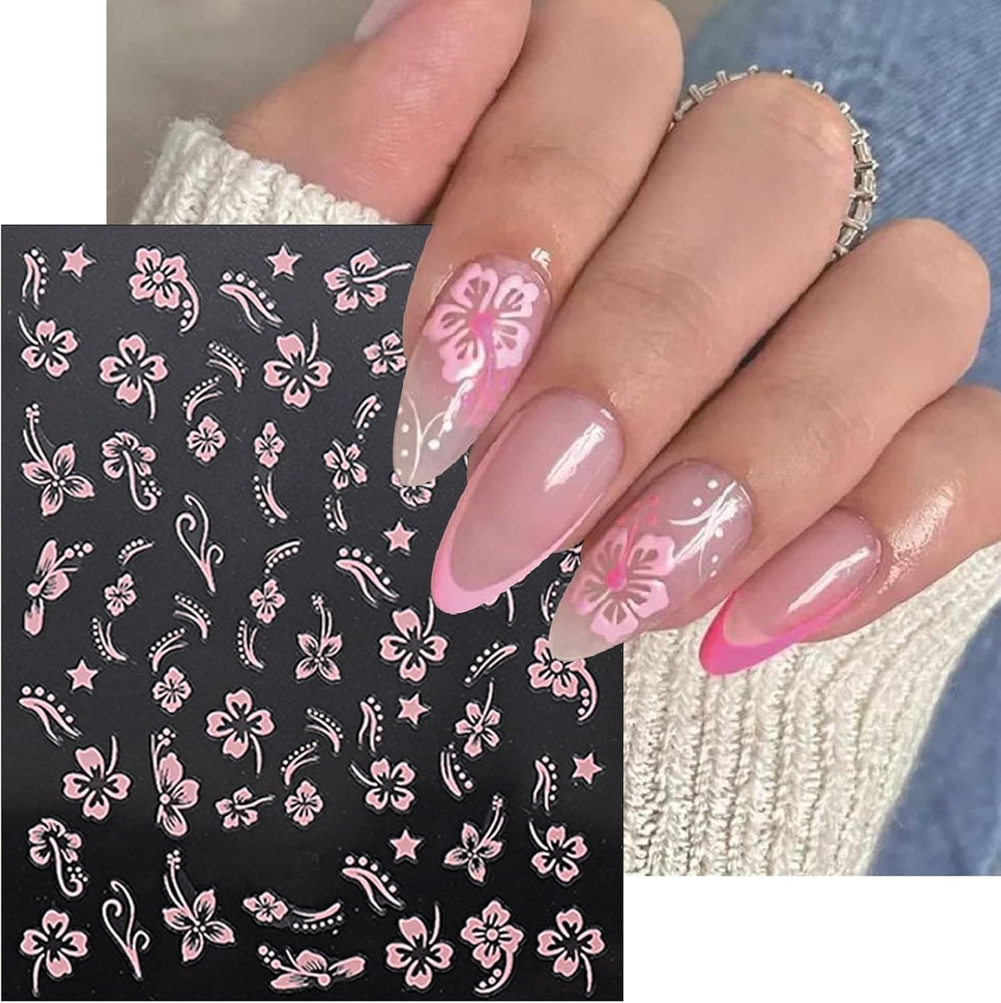 8 Sheets 3D Colored Flower Nail Stickers Summer Hibiscus Nail Decals 3D Self-Adhesive White Pink Gold Flower Pattern Women's Nail Art Supplies Decoration Accessories
