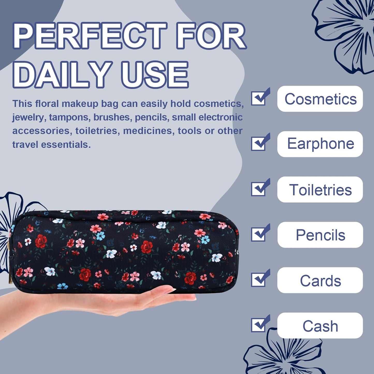 Waterproof Small Floral Pencil Case Makeup Bag for Purse,Cute Flower Pencil Pouch Preppy Nylon Makeup Brush Holder with Zipper,Girls Portable Storage Case Pen Bag for Work(Slim Black-Flowers)