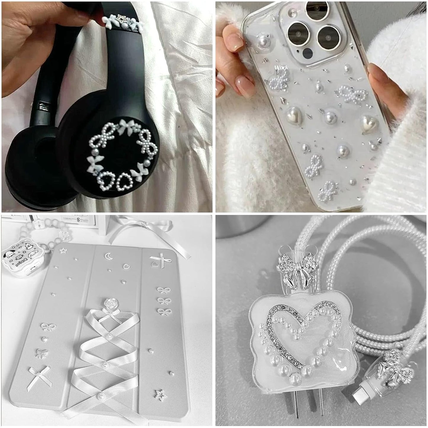 Nail Art Pearls with Glue Gel Flatback Pearls White Bow Nail Charms Heart Butterfly Nails Gems Pearls Accessories for Women Nails Design Decoration