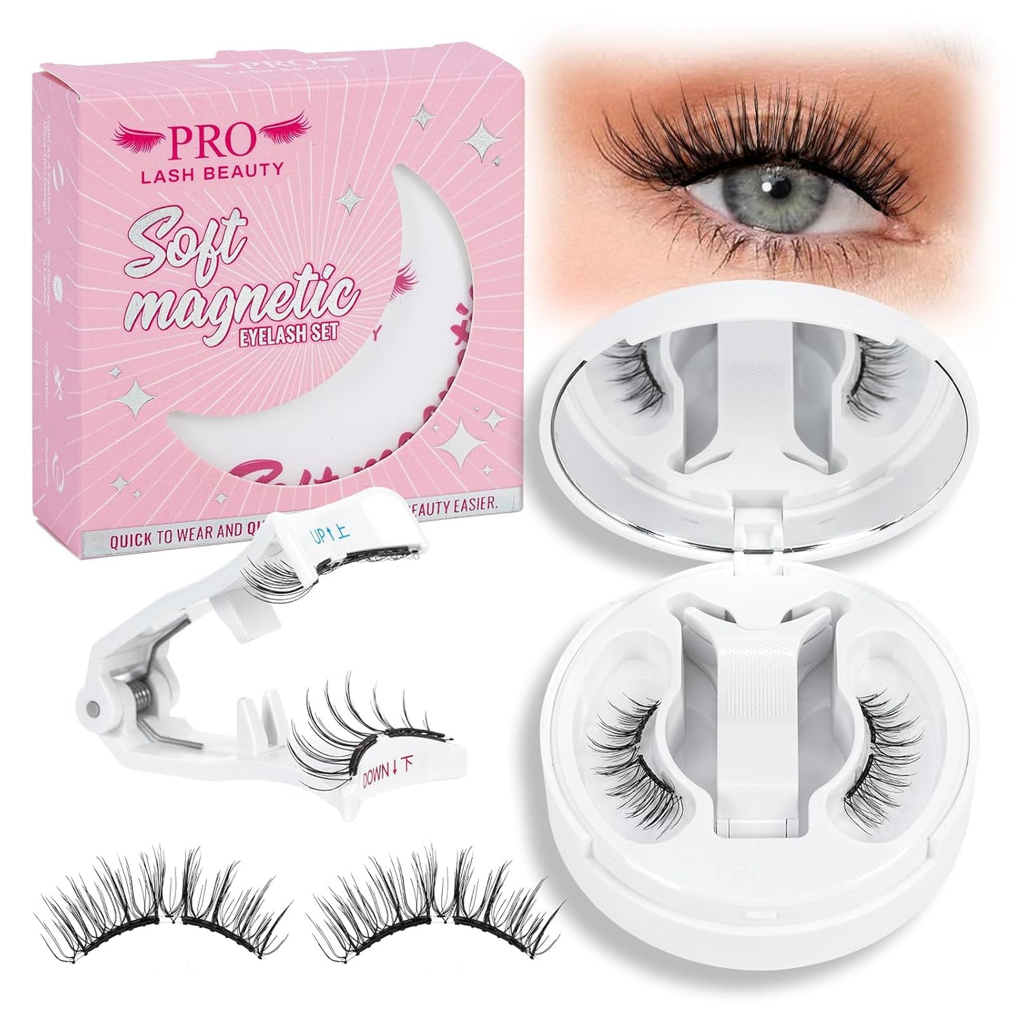 Magnetic Eyelashes Soft Magnetic Lashes With Applicator,3s Application 1s Removal No Glue Needed Long Lasting and Reusable Soft Magnet Lashes Waterproof Cruelty Easy To Wear (1Pair,Frisky)