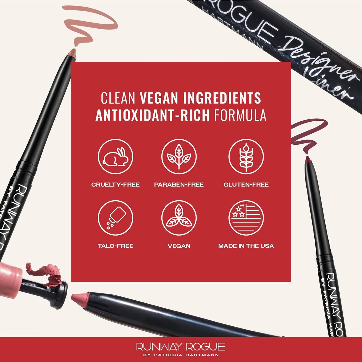 Runway Rogue Designer Liner Lip Pencil, Matte Soft Mocha Lip Liner Pencil and Lip Liner Sharpener, ‘Trendsetter’