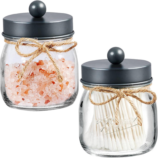 SheeChung 2 Pack Qtip Holder, Bathroom Jars, Cotton Swab Holders, Cute Mason Jars Bathroom Shelf Decor for Cotton Balls, Floss Picks - Vintage Gray