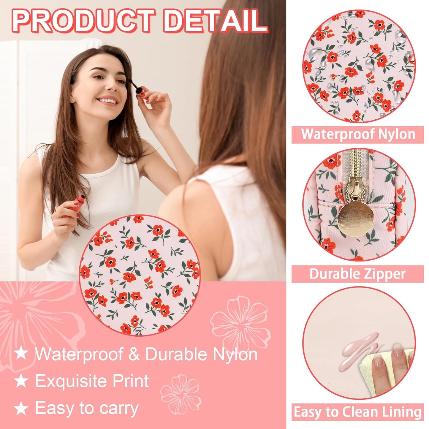 Waterproof Mini Floral Makeup Bag Pouch for Purse,Nylon Flower Cosmetic Travel Bag Small Preppy Toiletry Organizers Bag for Women Girl,Cute Zipper Pouch Coin Purse for Work(Mini Pink-Flowers)