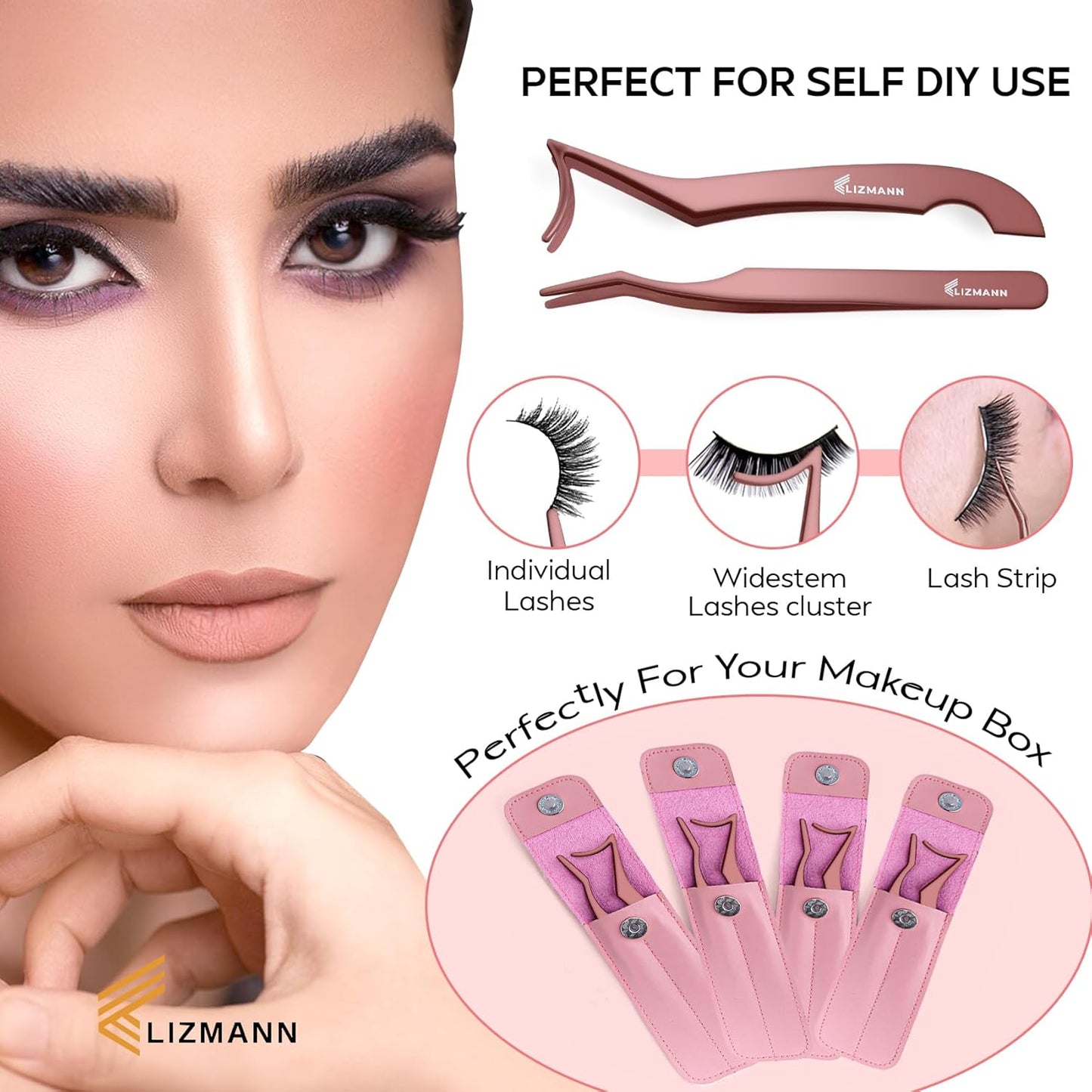 LIZMANN Eyelash Applicator Tweezers 2 PCS Tool for False Eyelash Application & Lash Extensions, Mistake-Proof Lash Placement Tweezers for Professional and DIY Use