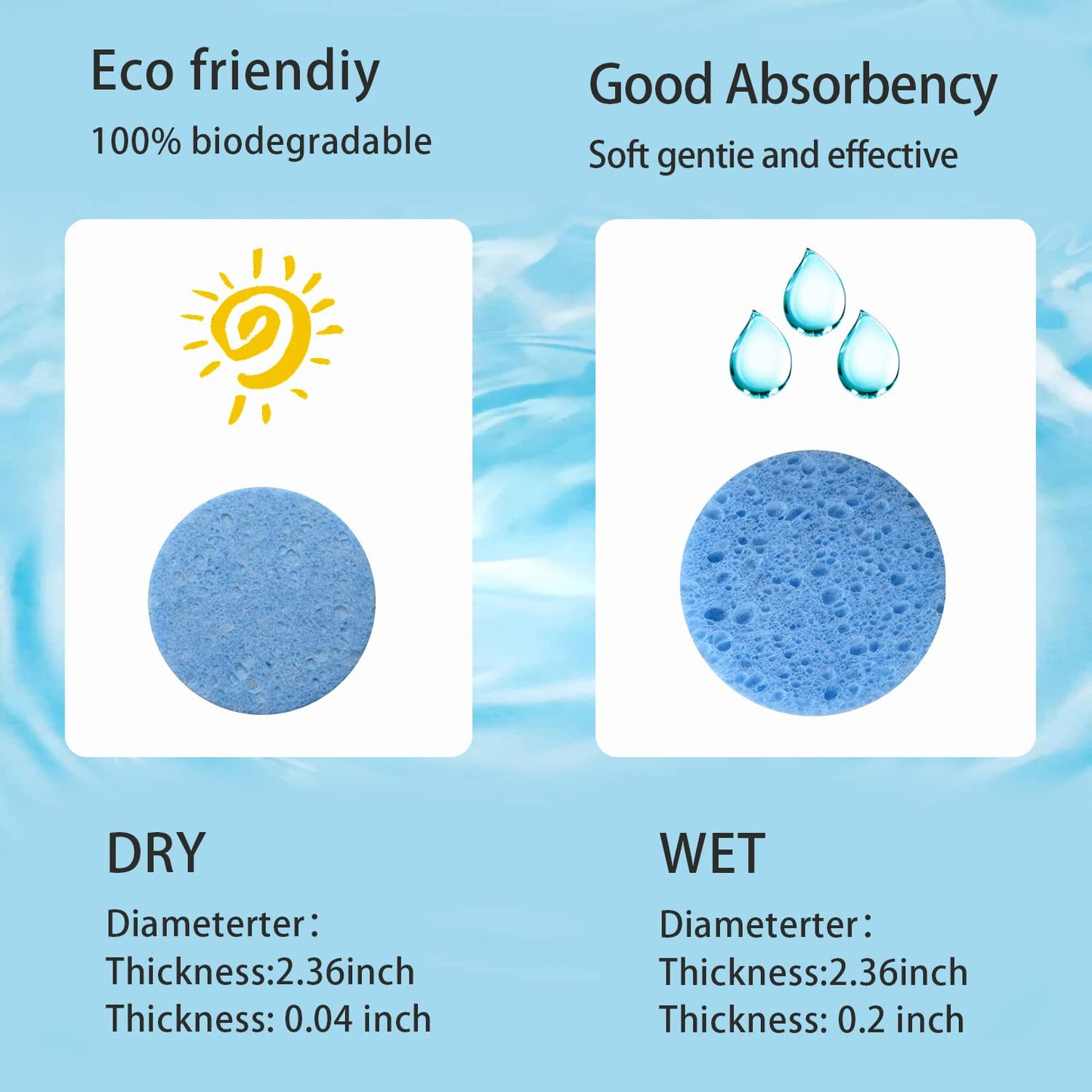 50-Count Facial Sponges Compressed Natural Cellulose Sponge Round Shape Face Sponge for Face Cleansing Exfoliating and Makeup Removal, Blue