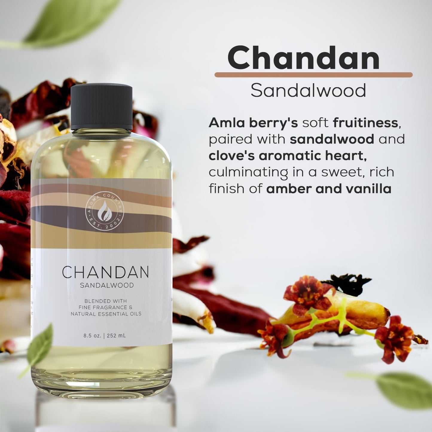 Aroma Country Chandan Diffuser Oil - Luxury Essential Oils for Diffuser Refill & Air Freshener Room Spray - Long-Lasting & Natural Home Fragrance, Sandalwood Scented Oil for Diffusers (8.5 Fl. oz)