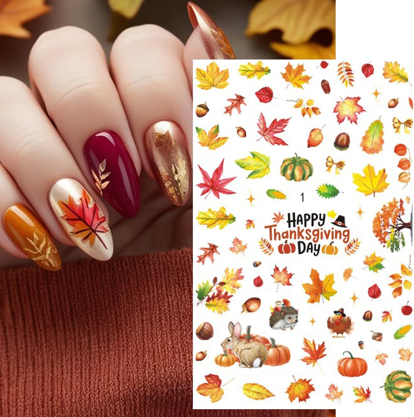 6Pcs Fall Nail Stickers for Nails Art - Cute Pumpkin Nail Decals Yellow Fallen Leaves for Nails Autumn Maple Leaf Theme Thanksgiving Nail Design Adhesive Sticker Sliders for Women Nail Art Decorations