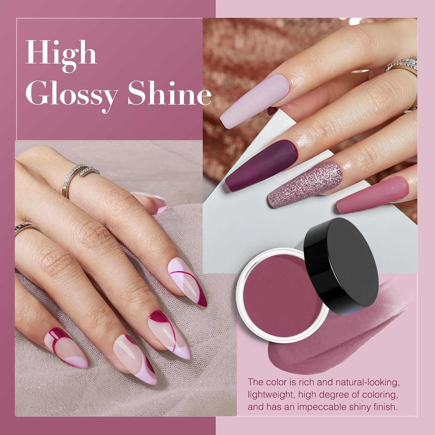 AZUREBEAUTY Dip Powder Nail Kit Dark Purple Lilac Purple Glitter 4 Colors Dip Liquid Set with Base/Top Coat Activator for French Art Manicure DIY Gift