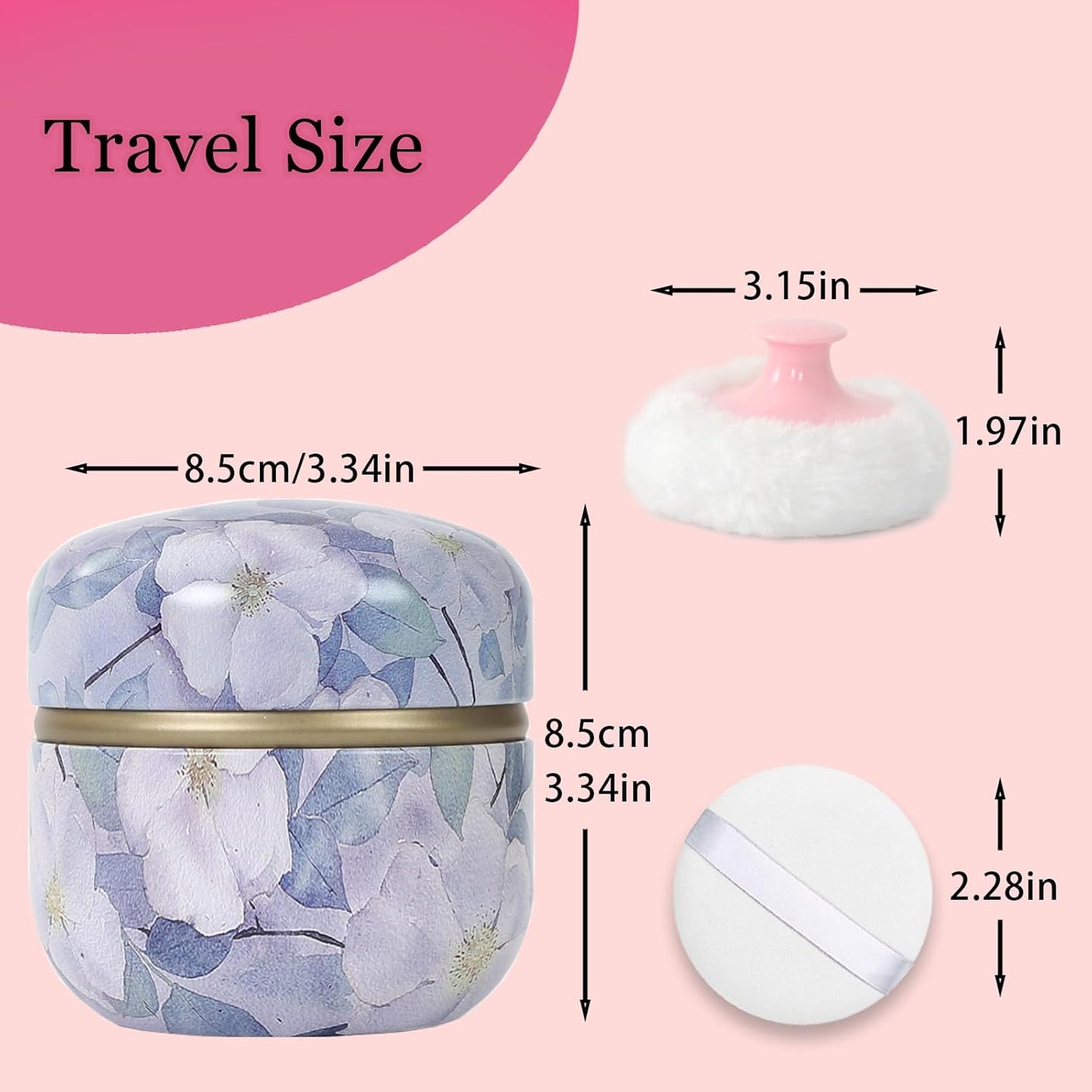 SHIMIDO Body Powder Puff and Container, 3.15" Portable Empty Powder Case Box with Lids for Baby, Women's, Travel and Home Use (Purple Flowers)