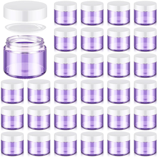 Domensi 32 Pcs 2 oz Glass Jars with Lids Travel Size Round Leakproof Empty Cosmetic Jars with Inner Liners Lid for Storing Makeup Lotions Face Cream Ointments Candle DIY Making (Light Purple)
