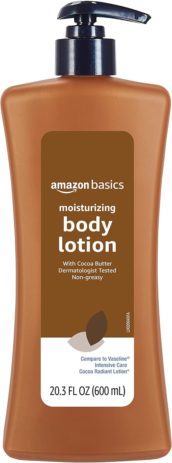 Amazon Basics Moisturizing Cocoa Butter Body Lotion for Dry Skin, Non-Greasy, Paraben Free, Lightly Scented, 20.3 Fl Oz, Pack of 4