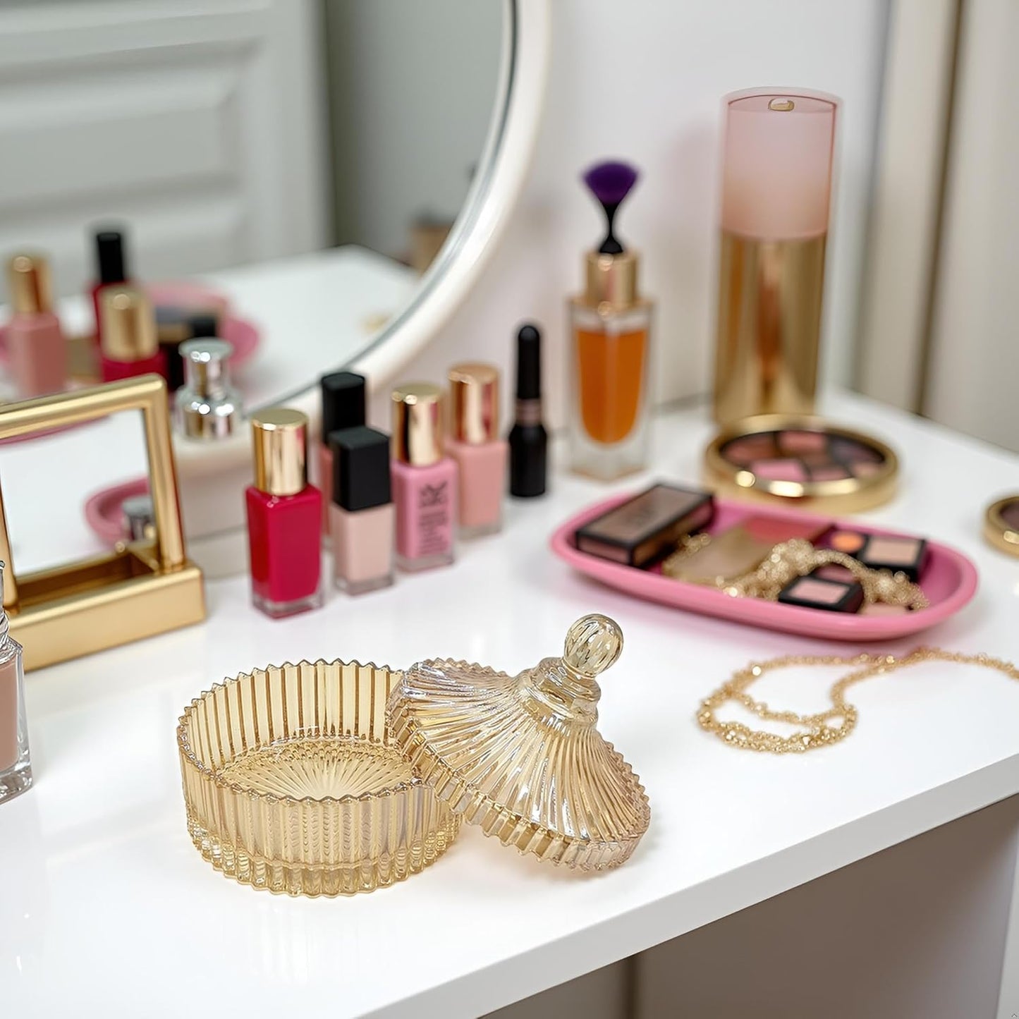 Extra Large Body Powder Puff and Container - Vintage Glass Dusting Powder Container with Soft Puff for Women & Girls (5.9x5.9x5.9 IN)-GRB010-Amber