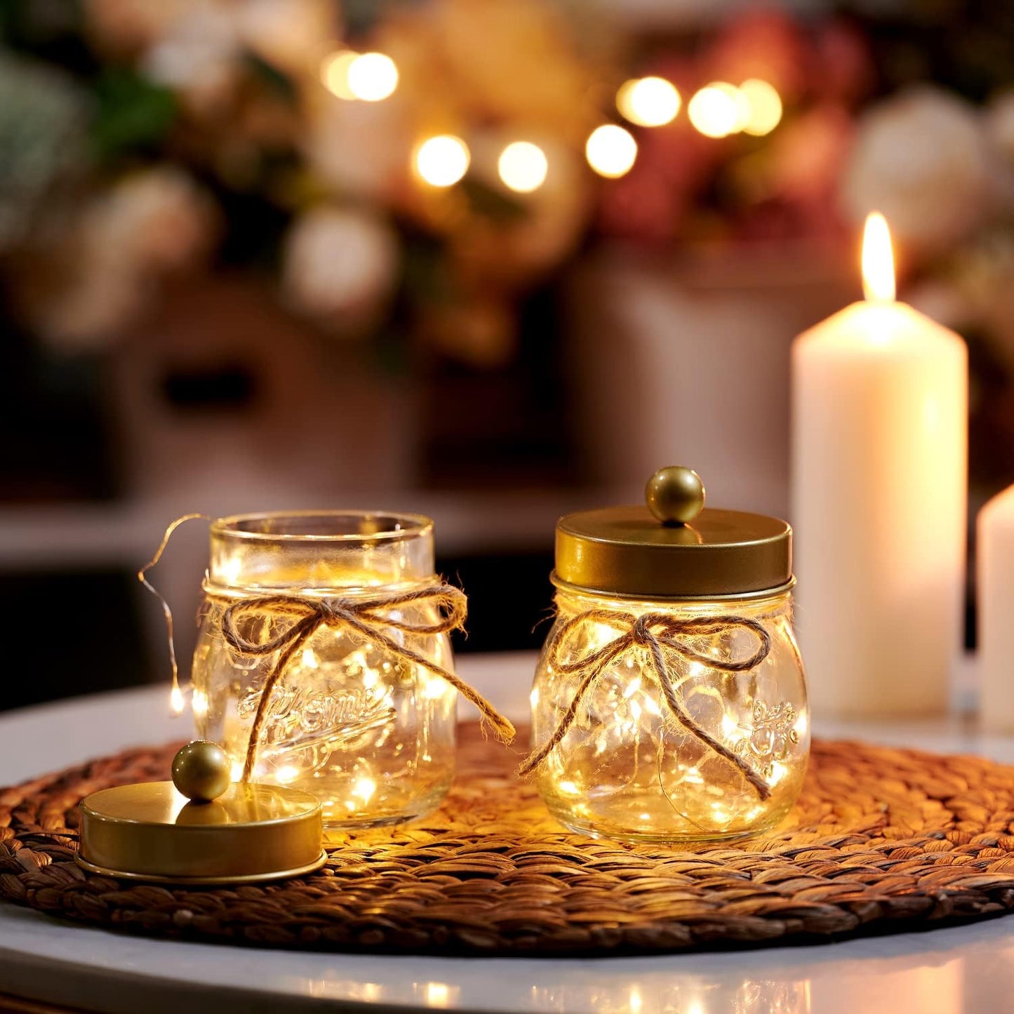 SheeChung 2 Pack Qtip Holder for Bathroom, Cotton Swab Holders, Cute Mason Jars Decor, Bathroom Decor and Accessories for Cotton Round Pads, Balls, Floss Pick - Brushed Gold