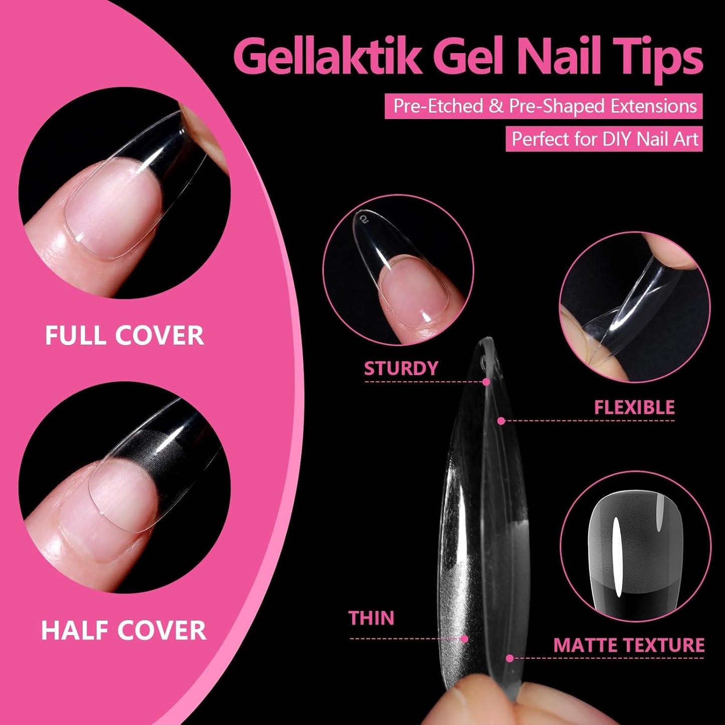 Medium Almond Nail Tips 500PCS, Clear Acrylic Full Cover Gel Press on Nail Tips for DIY, 10 Sizes Pre-Shaped False Nails with Half Matte Finish, Professional Manicure Kit & Easy Application