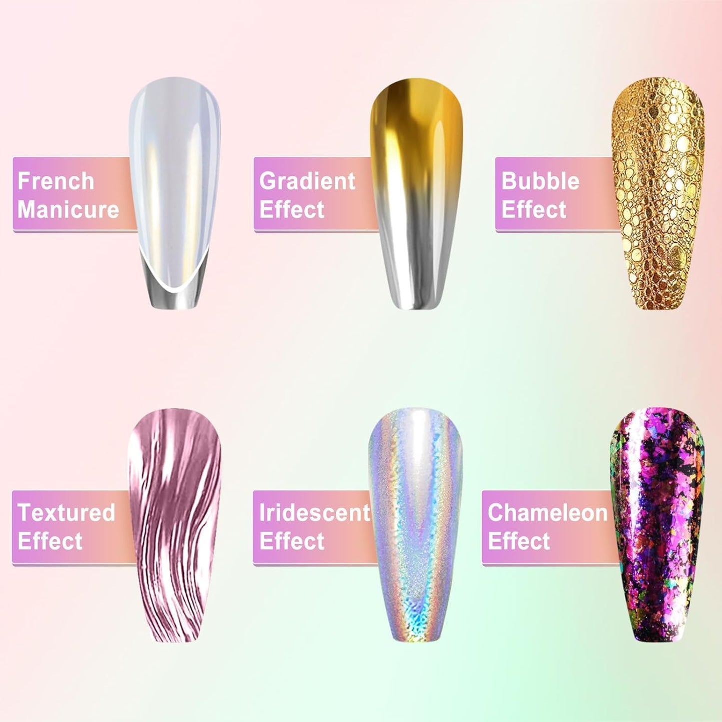 Mirror Chrome Nail Powder Set, 40 Colors Unicorn Iridescent Holographic Chrome Powder, Metallic Gold Silver Red Blue Green Black Purple Brown Chrome Pigment Nail Art Glitter Chameleon Flakes Sequins