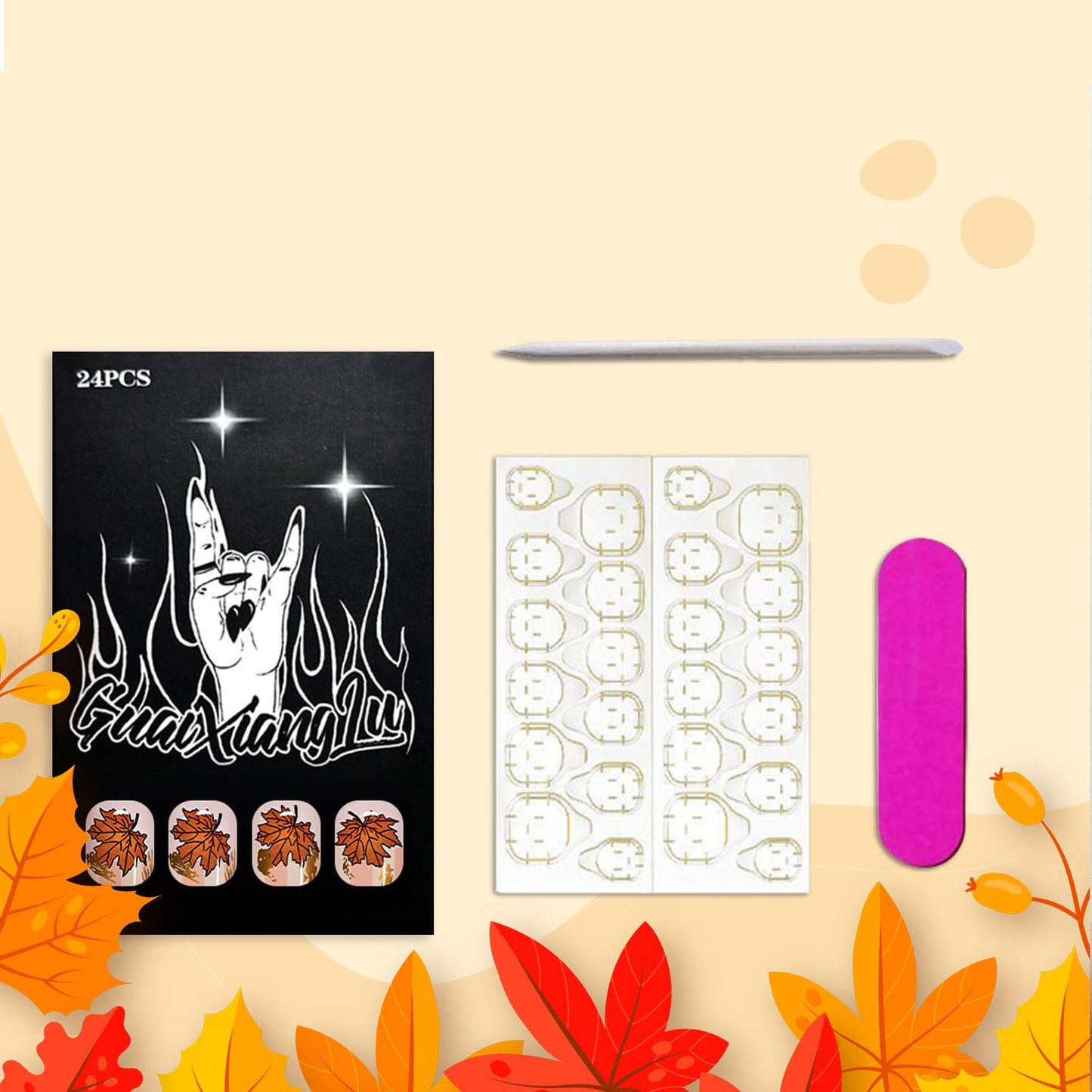 Gold Foil Maple Leaf Press on Nails Medium Square Fall Maple Leaves Fake Nails Glossy Thanksgiving Acrylic Glue on Nail Autumn Stripe Stick on Nail for Women DIY Manicure