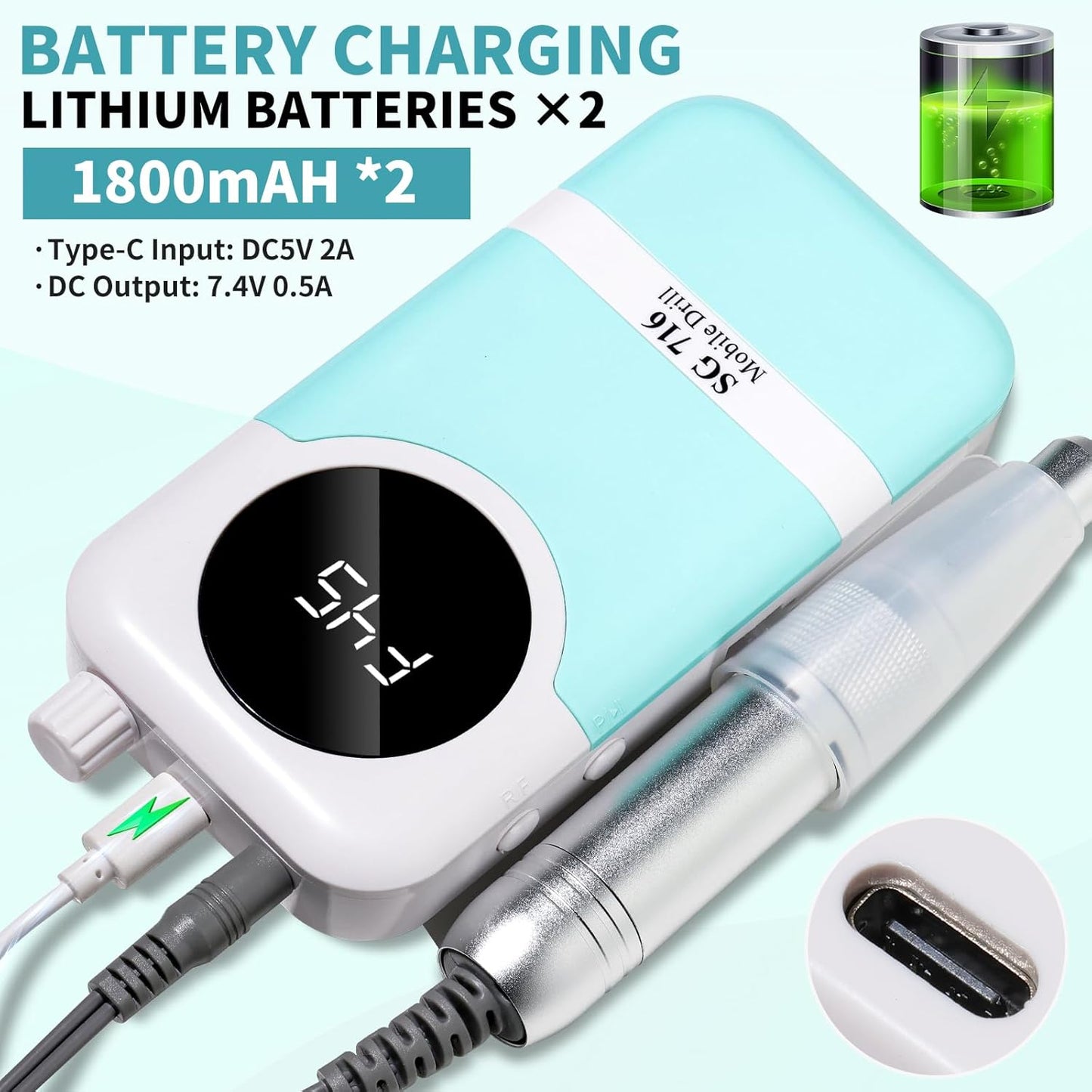 Electric Nail Drill Professional Kit - 45000RPM Electric Nail File Efile Portable Nail Drill Cordless with Bits & Base,E File Machine Nail Grinder for Women (Blue)