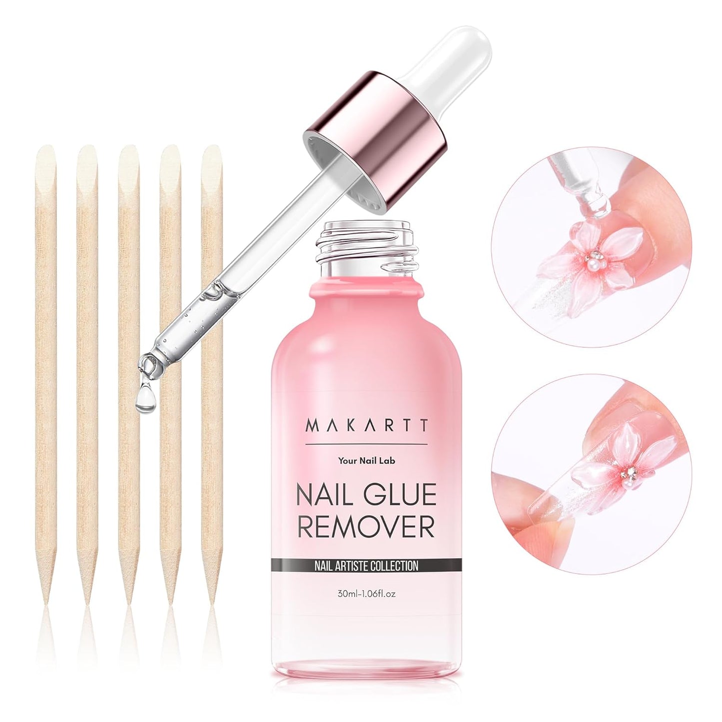 Makartt Press on Nail Glue Remover: Updated Formula with Vitamin E | Glue Debonder with 5 Wooden Sticks,1 Dropper Applicator for Quicker Application,Non-Acetone,Hema-free Glue off 30 ml