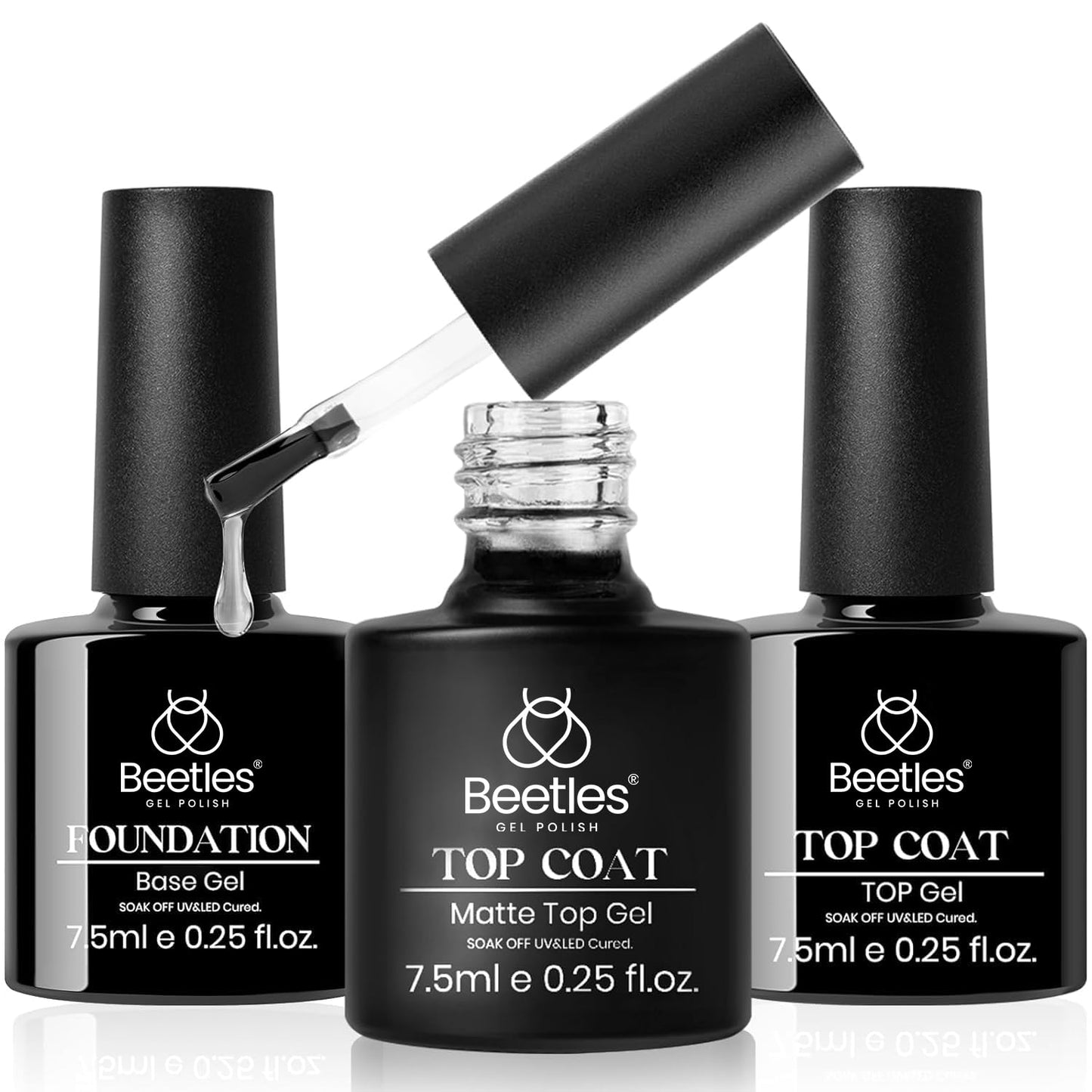 Beetles Matte Top Coat Gel Nail Polish Gel Top Coat & Base Set, 3Pcs Matte & Shiny Top Coat Nail Polish and Base Coat, No Wipe Long Lasting High Gloss and Matte Effects Soak off Uv DIY at Home