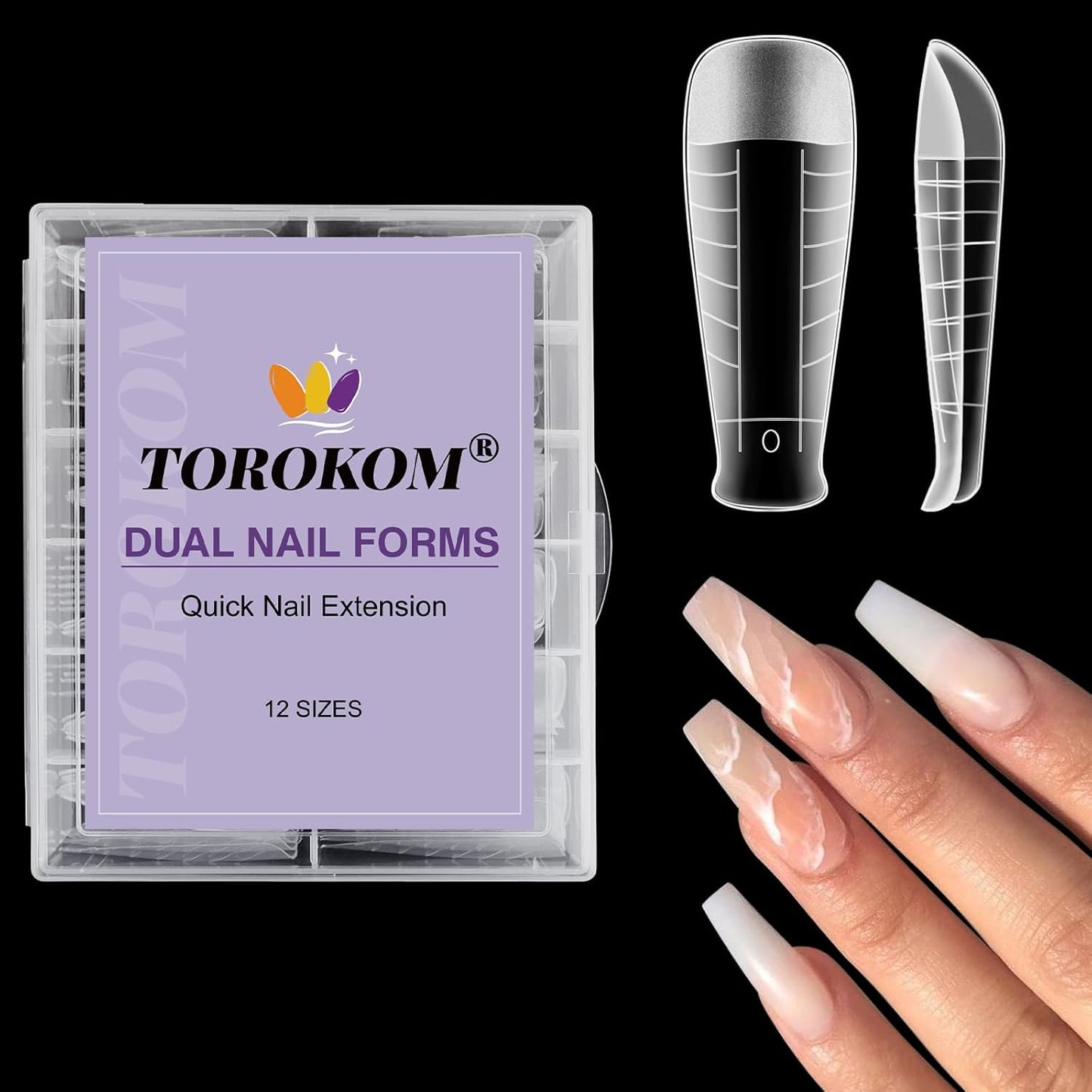 TOROKOM 120Pcs Poly Extension Gel Dual Nail Forms T-Shapes Clear Nail Forms Full Cover Coffin Nail Molds 12 Sizes for Gel Manicure Nail Art Design Salon&DIY