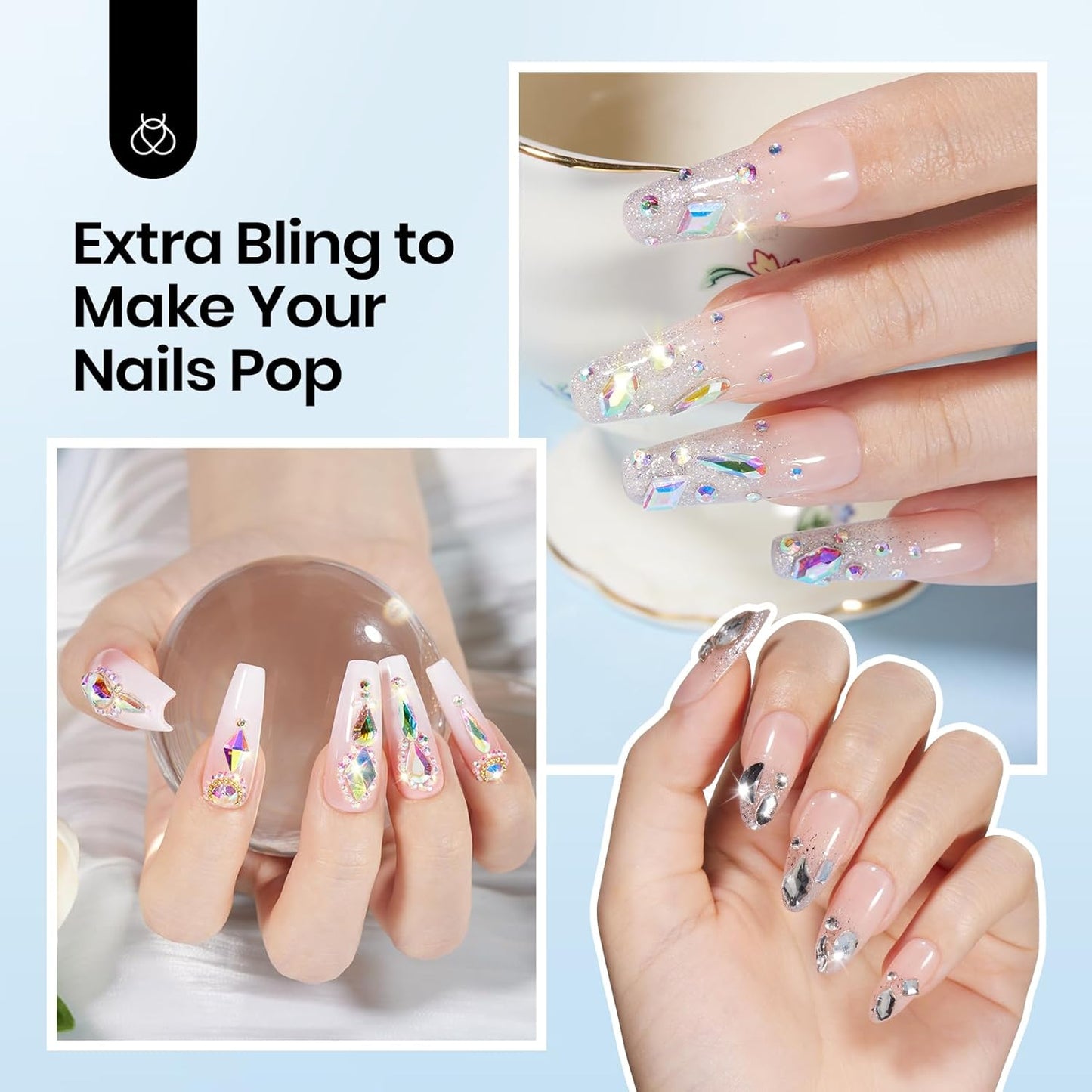 Beetles Gel Polish Nail Glue with Nail Gems Set, 15ml Nail Rhinestone Glue &120+2000Pcs Crystal Glass AB Rhinestones for Nails Art, Nail Gems with Double-Ended Clean Up Nail Brush Gifts for Girls